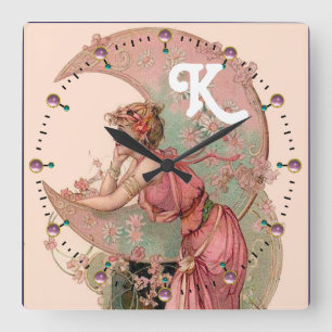 LADY OF THE MOON with FLOWERS IN PINK MONOGRAM Vierkante Klok