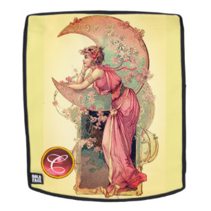 LADY OF THE MOON with FLOWERS PINK YELLOW MONOGRAM Rugtassen