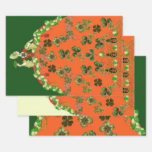 LADY ORANGE EN KLAVERTJE VIER St. Patricks Day Gro Inpakpapier Vel