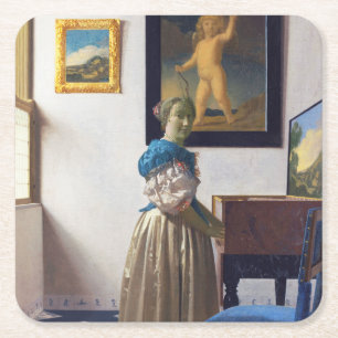 Lady Standing bij een Virginal, Johannes Vermeer Vierkante Kartonnen Onderzetter