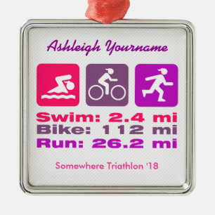 Lady Triathlete Swim Bike run Pink Mauve Paars Metalen Ornament