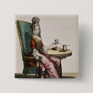 Lady Using Coffee, mode bord, c.1695 (engravi) Vierkante Button 5,1 Cm