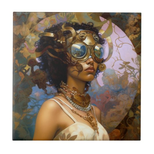 Lady Wearing Goggles Black Fantasy Sci-Fi Tegeltje (Voorkant)