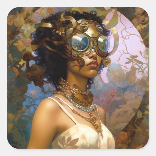 Lady Wearing Goggles Black Fantasy Sci-Fi Vierkante Sticker (Voorkant)