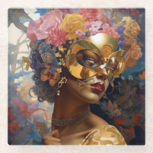 Lady Wearing Mask Black Fantasy Art Glazen Onderzetter