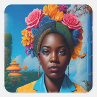 Lady with a floral suit jacket vierkante sticker