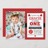 ladybug 1e verjaardag meisjes uitnodiging (Voorkant / Achterkant)