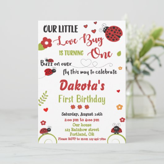 Ladybug 1e verjaardagsuitnodiging Meisjesliefhebst Kaart (Staand voorkant)
