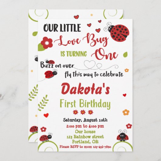 Ladybug 1e verjaardagsuitnodiging Meisjesliefhebst Kaart (Voorkant / Achterkant)