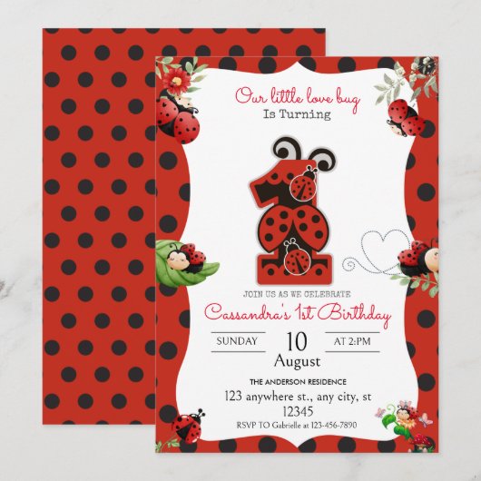 Ladybug 1er anniversaire de fête Invitation (Devant / Derrière)