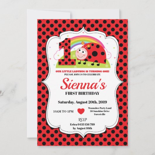 Ladybug 1er Anniversaire Invitations Fille (Devant)