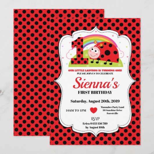 Ladybug 1er Anniversaire Invitations Fille (Devant / Derrière)