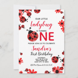 Ladybug 1st Baby Girl Birthday Invitation Kaart