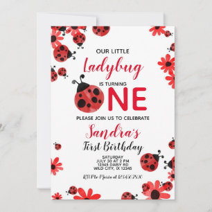 Ladybug 1st Baby Girl Birthday Invitation Kaart
