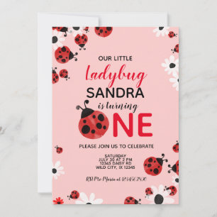 Ladybug 1st Baby Girl Birthday Invitation Kaart
