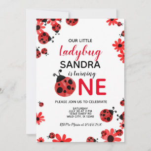 Ladybug 1st Baby Girl Birthday Invitation Kaart