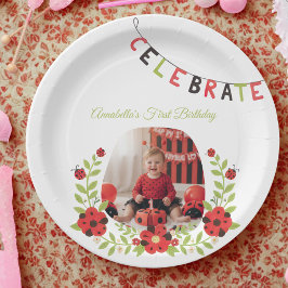  Ladybug 1st Birthday Floral Papieren Bordje