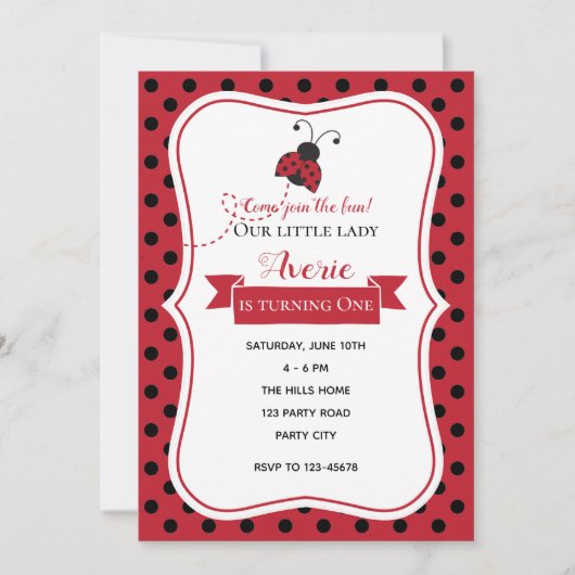 Ladybug 1st Birthday Invitations (Rouge Noir) (Devant)