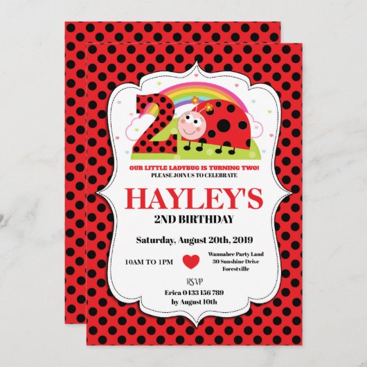 Ladybug 2e anniversaire Invitations fille (Devant / Derrière)