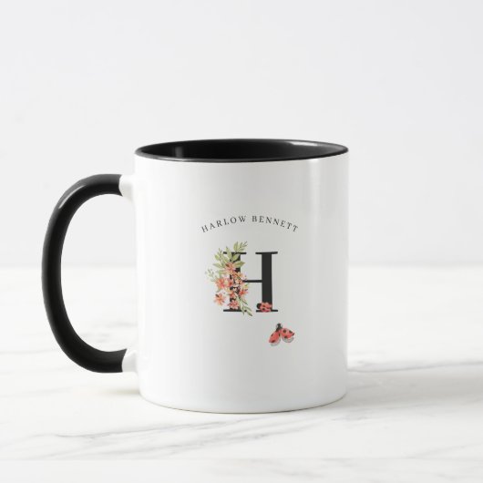 Ladybug Aquarelle Florale Monogramme Café Mug (Gauche)