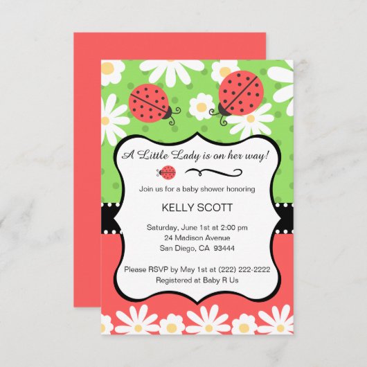 Ladybug Baby shower Uitnodiging - Limoen & Rood (Voorkant / Achterkant)