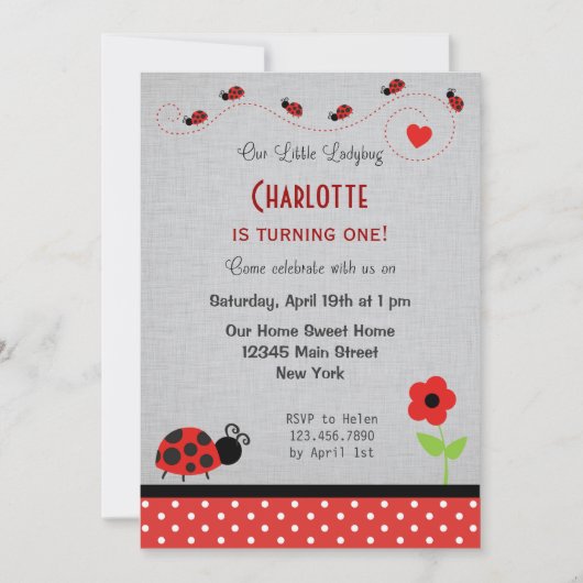 Ladybug Birthday Invitation Black Red Kaart (Voorkant)