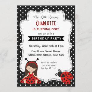 Ladybug Birthday Invitation Black Red Polka Dots Kaart