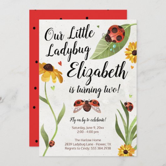 Ladybug Birthday Invitation Kaart (Voorkant / Achterkant)