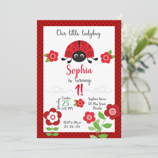Ladybug Birthday Invitation, Ladybug Invitation (Debout devant)