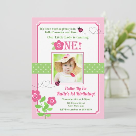 Ladybug Birthday Invitation Pink Ladybug 1er (Debout devant)