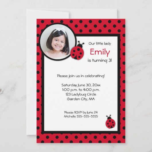 Ladybug Birthday Party Invitation Kaart (Voorkant)