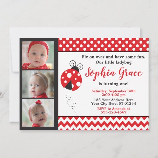 Ladybug Birthday-uitnodiging met foto's Kaart (Voorkant)