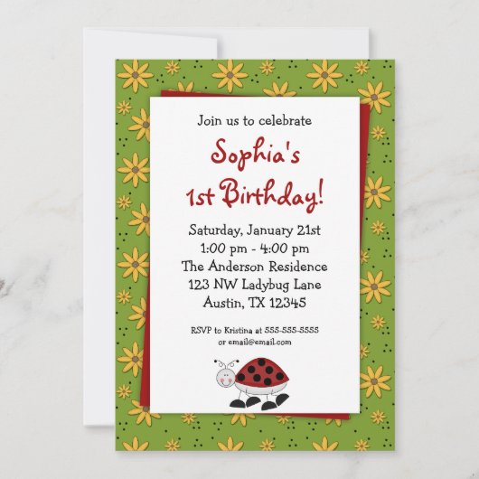 Ladybug Daisies Birthday Party Invitations Kaart (Voorkant)