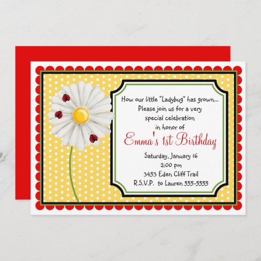 Ladybug en Daisy Birthday-uitnodigingen Kaart (Voorkant / Achterkant)