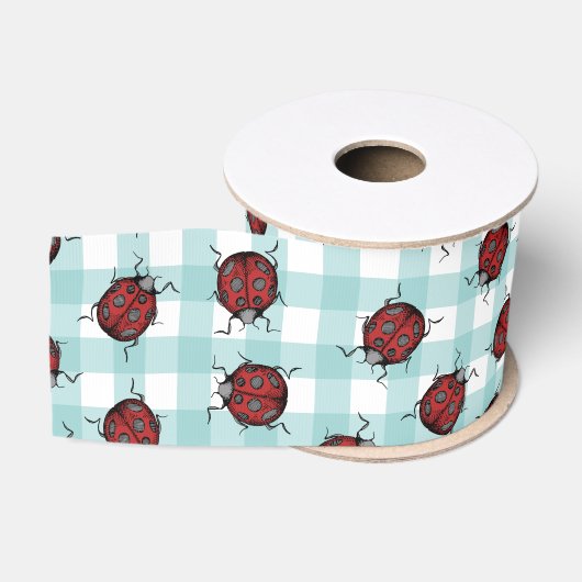 Ladybug en Turquoise Gingham Natuur Pattern Grosgrain Lint (Spoel)