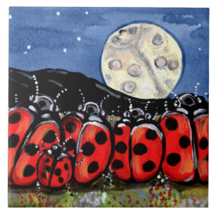 Ladybug Family Moon Night Design 6" Tile Trivet Tegeltje