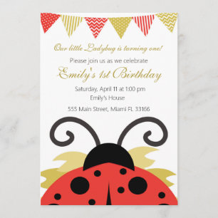 Ladybug Gold Red Girl Birthday Party Invitation Kaart