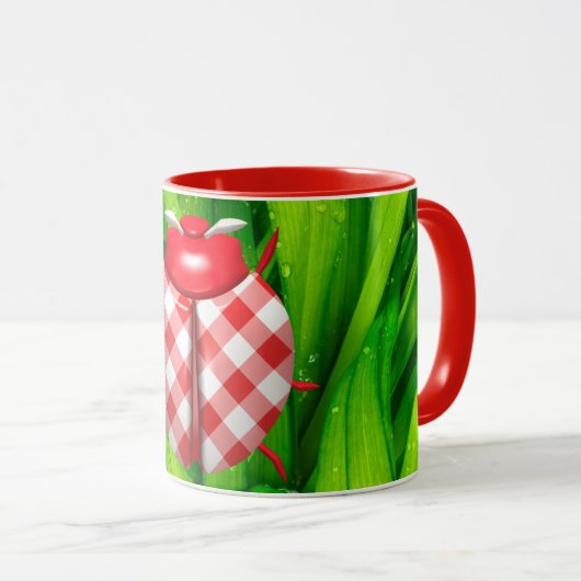 Ladybug gras gingham check schattig rood wit groen mok (Voorkant rechts)