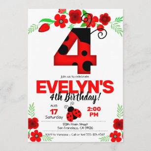 Ladybug Invitation for 4th Birthday Kaart