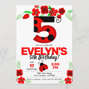 Ladybug Invitation for 5th Birthday Kaart