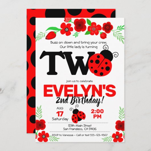 Ladybug Invitation pour le 2e anniversaire (Devant / Derrière)