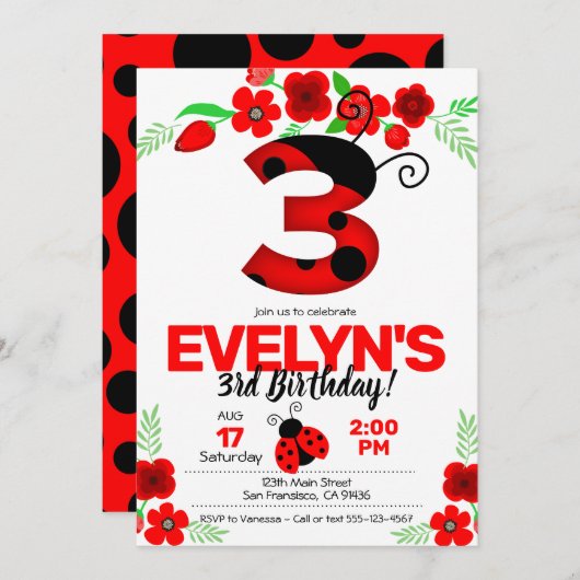 Ladybug Invitation pour le 3ème anniversaire (Devant / Derrière)