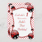 Ladybug Kinderen First Birthday Party Invitation Kaart (Voorkant / Achterkant)
