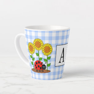 Ladybug met zonnebloemen Blue Gingham Monogram Latte Mok