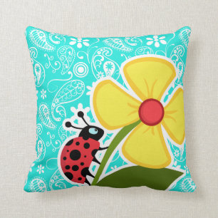 Ladybug op Aqua Color Paisley; Floral Kussen