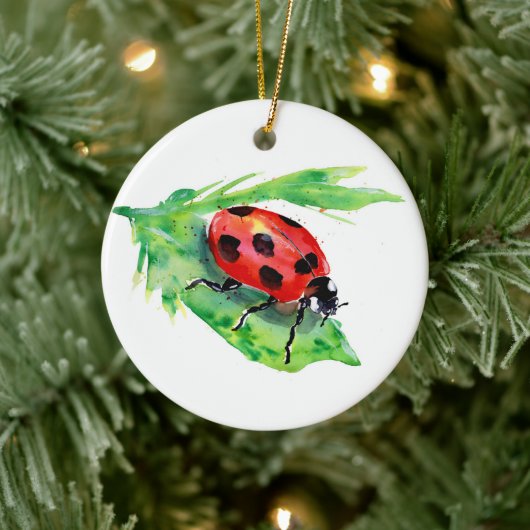 Ladybug op een groen lef keramisch ornament (Boom)