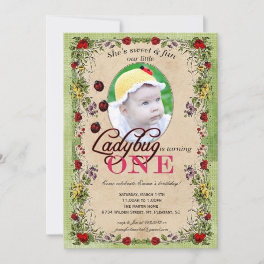Ladybug Party Invitation - Foto, 1 jaar oud Kaart (Voorkant)