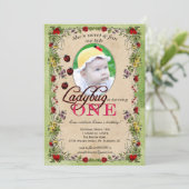 Ladybug Party Invitation - Foto, 1 jaar oud Kaart (Staand voorkant)