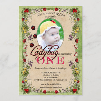 Ladybug Party Invitation - Foto, 1 jaar oud Kaart