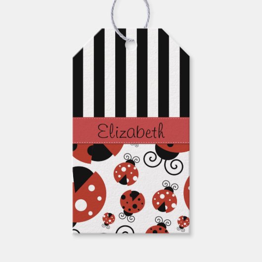 Ladybug Pattern, Red Ladybugs, Stripes, Jouw naam Cadeaulabel (Voorkant)